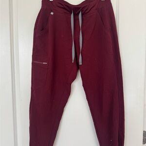 Figs Women’s Maroon Jogger Scrub Pants with Gray Drawstrings